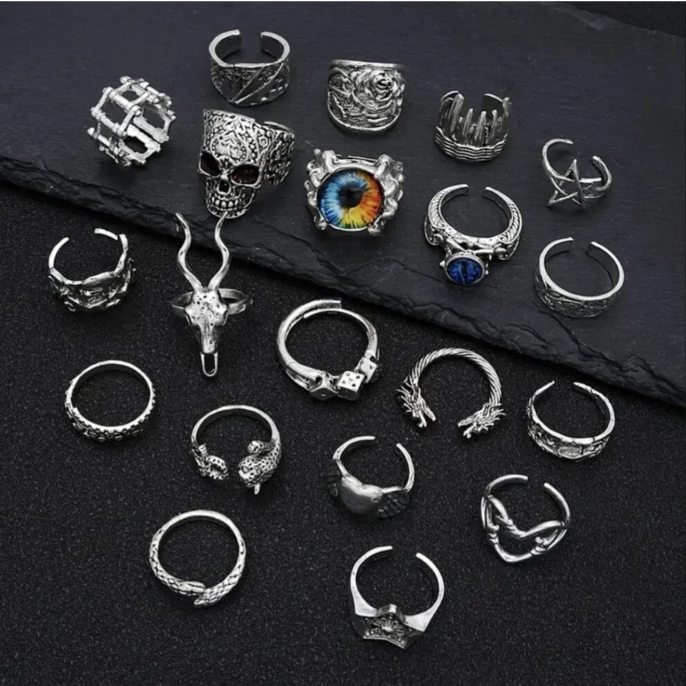 20 Pc Silver Rings Heavy Metal Silvery Punk Grunge Goth Rings Teen Gift - Picture 4 of 6